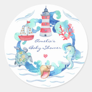 Nautische Geslachtsneutrale Waterverf Baby shower Ronde Sticker
