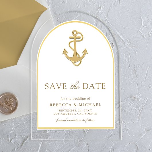 Nautische Gold Anchor Boog Wedding Save the Date Acryl Uitnodigingen