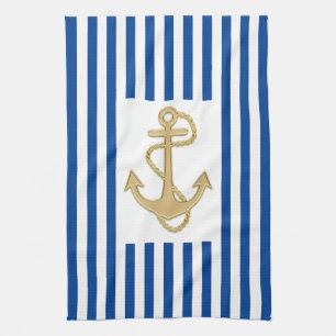Nautische gouden anker op blauwe strepen hand of theedoek
