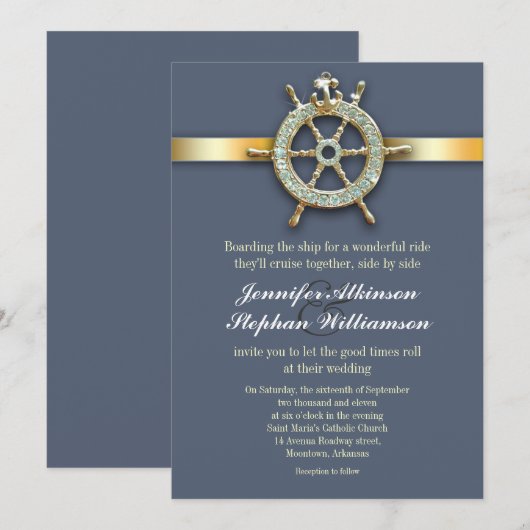 nautische gouden bruinhuwelijkse uitnodigingen (Voorkant / Achterkant)