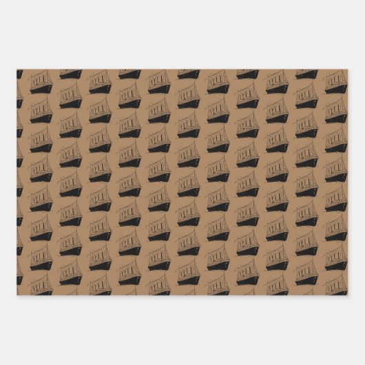 Nautische Gouden en Zwarte Schip Zeilboot Inpakpapier Vel (Voorkant)