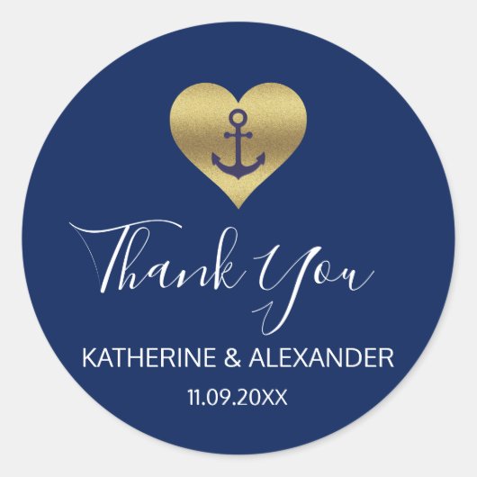 Nautische Gouden Hart Anker Navy Blauwe Bruiloft S Ronde Sticker (Voorkant)