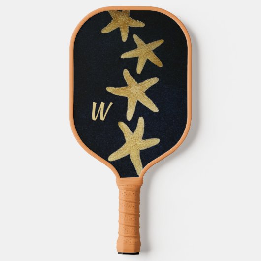 Nautische Gouden Zeester Monogram Zwart Pickleball Paddle (Achterkant)