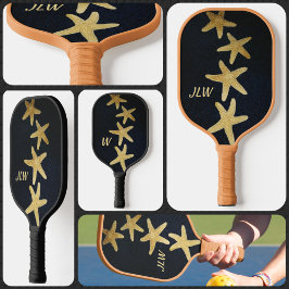 Nautische Gouden Zeester Monogram Zwart Pickleball Paddle