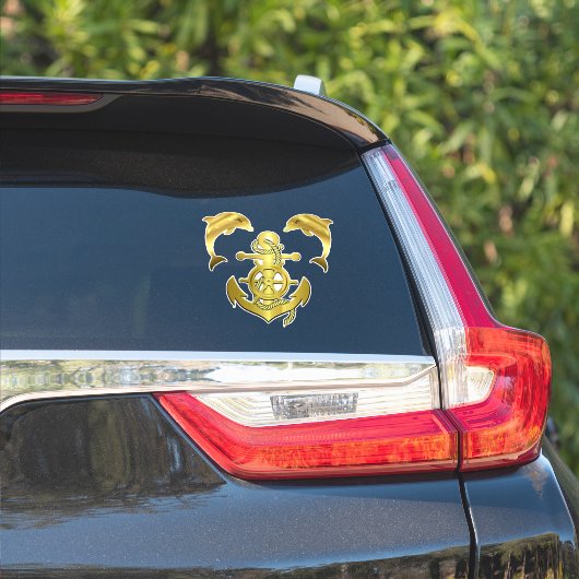 Nautische goudkleurige dolfijn/ bruinvis + bootank sticker (Auto Zijkant)
