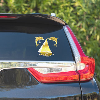 Nautische goudkleurige dolfijn/ bruinvis + zeilboo sticker