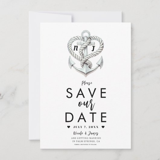 Nautische Hart Rope Anker Kustanker Save the Date Kaart (Voorkant)
