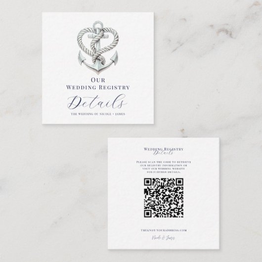 Nautische Hart Touw Anker Bruiloft Registry QR Vierkante Visitekaartje (Voorkant / Achterkant)