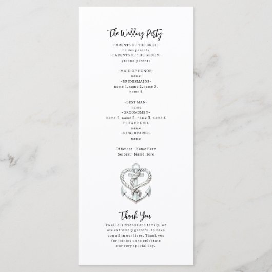 Nautische hart touw anker kust bruiloft programma programmakaart (Achterkant)