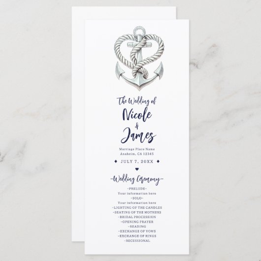 Nautische hart touw anker kust bruiloft programma programmakaart (Voorkant / Achterkant)