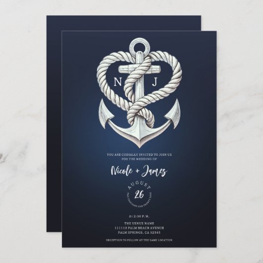 Nautische hart touw anker kust marine bruiloft kaart (Voorkant / Achterkant)