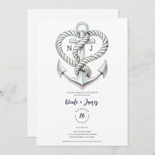 Nautische hart touw anker kustbruiloft kaart (Voorkant / Achterkant)