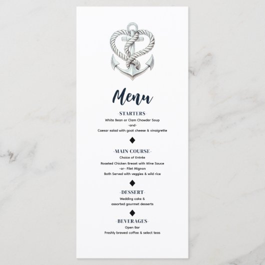 Nautische Hart Touw Anker Kustbruiloft Menu (Voorkant)