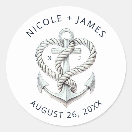 Nautische hart touw anker kustbruiloft ronde sticker (Voorkant)