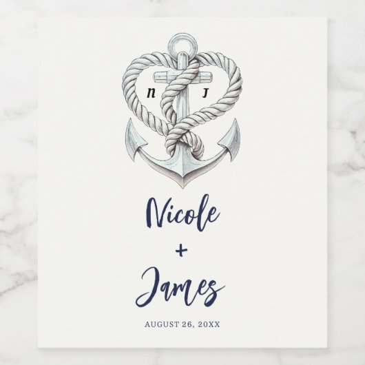 Nautische hart touw anker kustbruiloft wijn etiket (Enkel label)