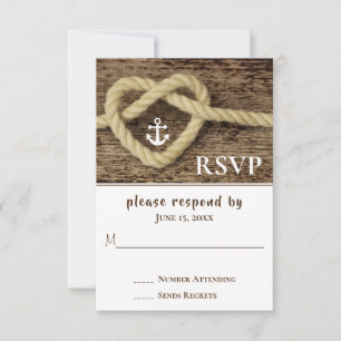 Nautische Hart Touw Knoop en Anker Wedding RSVP Kaartje