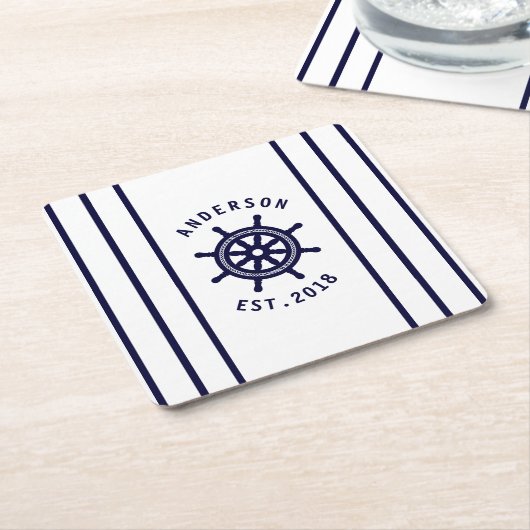Nautische Helm Wit en Marine Blauw Gestreept Custo Kartonnen Onderzetters (Schuin)
