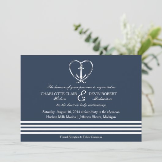 Nautische huwelijksuitnodiging, Achor Rope Heart K Kaart (Staand voorkant)