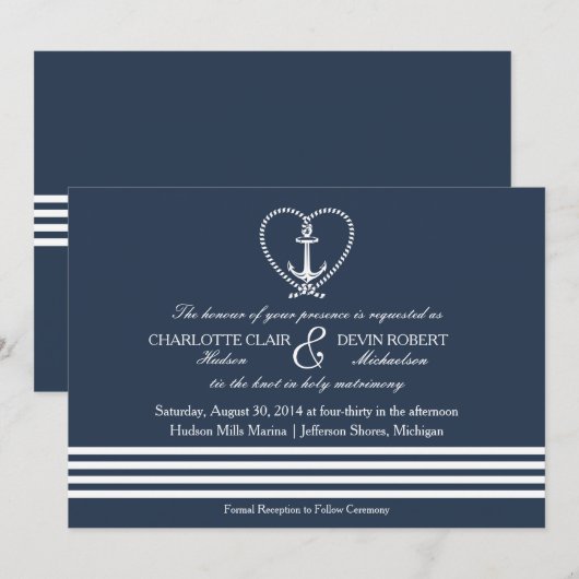 Nautische huwelijksuitnodiging, Achor Rope Heart K Kaart (Voorkant / Achterkant)