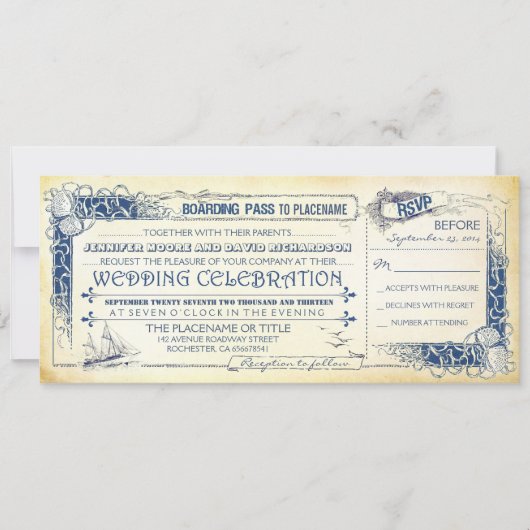 Nautische huwelijksuitnodiging Boarding Pass Ticke Kaart (Voorkant)