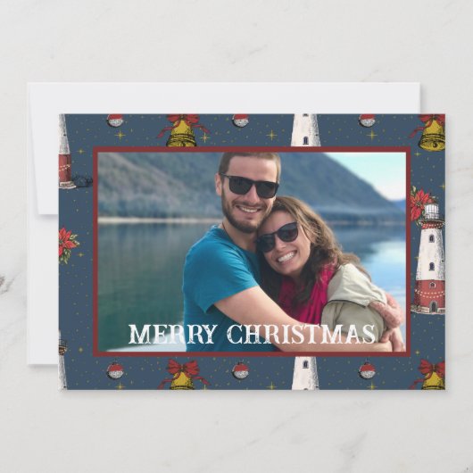 Nautische kerst Kust Vuurtoren Patroon Feestdagenkaart (Voorkant)