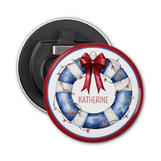 Nautische Kerstman Life Preserver met boog Button Flesopener (Voorkant)