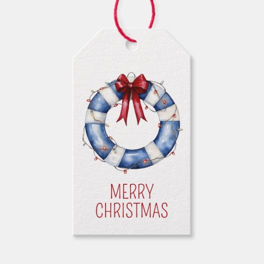 Nautische Kerstman Life Preserver met boog Cadeaulabel (Voorkant)
