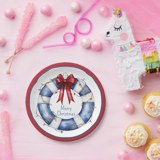 Nautische Kerstman Life Preserver met boog Papieren Bordje (Feest)