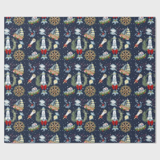 Nautische Kerstmis Cadeaupapier (Vlak)