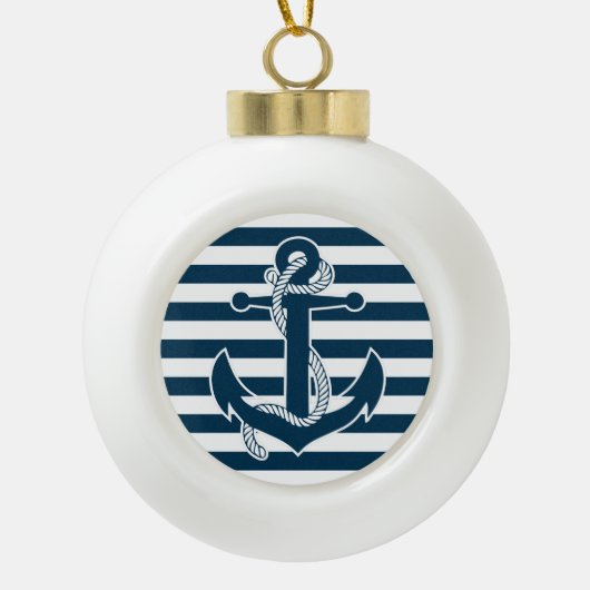 Nautische kerstversieringen blazen met anker keramische bal ornament (Voorkant)
