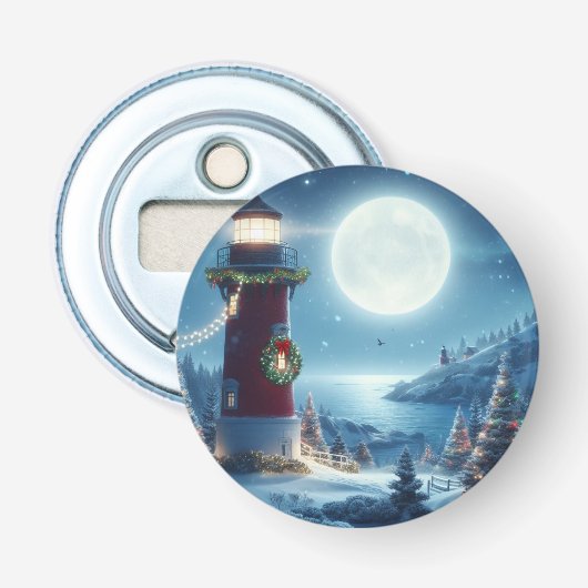 Nautische Kerstvuurtoren Button Flesopener (Voorkant)