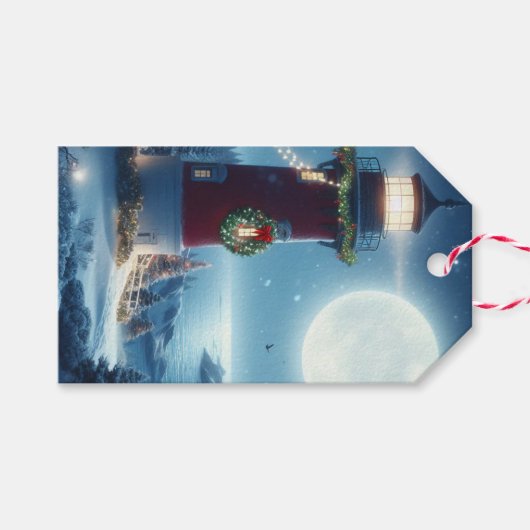 Nautische Kerstvuurtoren Cadeaulabel (Voorkant (Horizontaal))