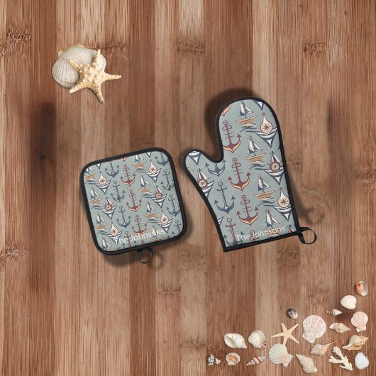 Nautische keuken gepersonaliseerd cadeau ovenwant & pannenlap set