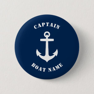 Nautische Klassieke ankerkapitein Boat Name Blue Ronde Button 5,7 Cm