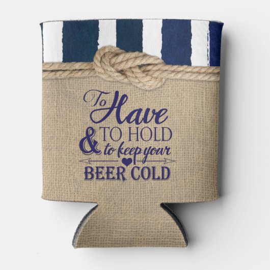 Nautische Knoop Burlap Navy Stripes Bruiloft Blikjeskoeler (Voorkant)
