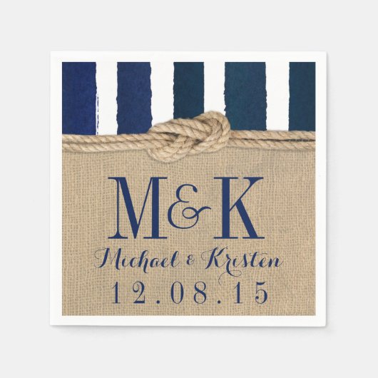 Nautische Knoop Burlap Navy Stripes Bruiloft Serve Servetten (Voorkant)