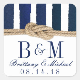 Nautische Knoop Burlap Navy Stripes Bruiloft Stick Vierkante Sticker