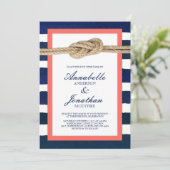 Nautische Knoop Koraal & Marine Stripes Trouwen Kaart (Staand voorkant)
