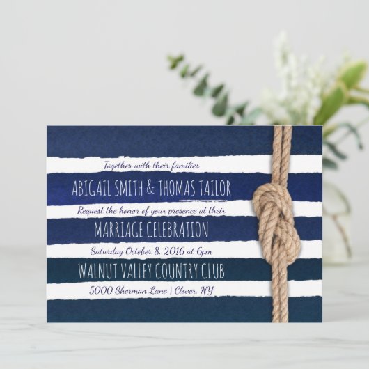 Nautische Knoop Waterverf Strepen Bruiloft Kaart (Staand voorkant)