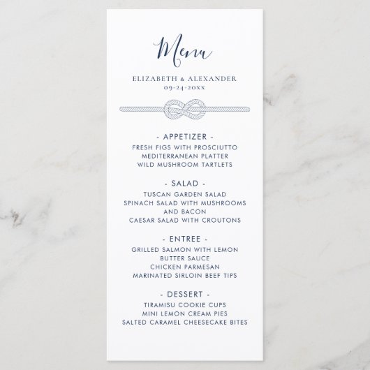 Nautische Knoop Witte Navy Bruiloft Menu (Voorkant)
