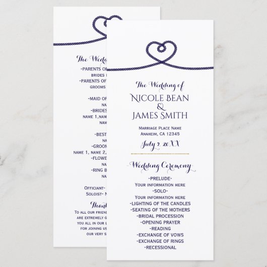 Nautische koppelverkoop van de Knot Heart Wedding  Programmakaart (Voorkant / Achterkant)