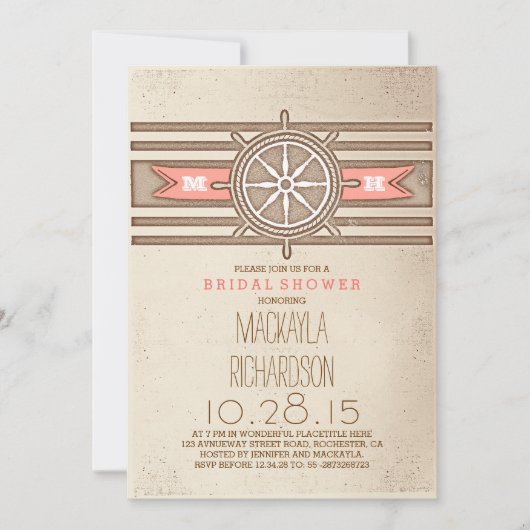  nautische koraal bruids douche uitnodiging (Voorkant)