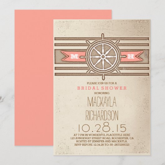  nautische koraal bruids douche uitnodiging (Voorkant / Achterkant)