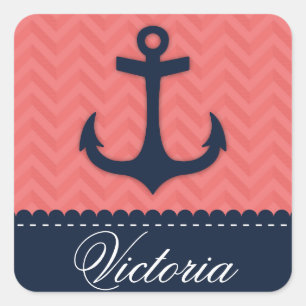 Nautische koraal roze marine blauw anker aangepast vierkante sticker