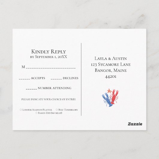 Nautische kreeft rood, blauwe bruiloft RSVP Briefkaart (Achterkant)