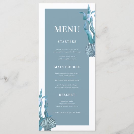 Nautische Kust Blauw Shell Strand Theme Wedding Menu (Voorkant)