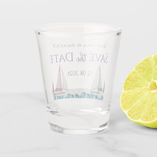 Nautische kust bruiloft Save the date zeilboten Shot Glas (Achterkant)