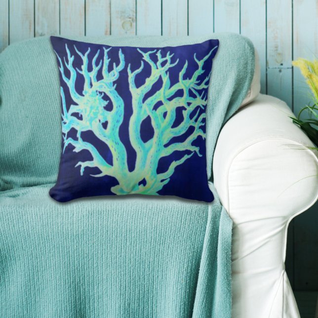 Nautische kust chique strand marine koraalrif kussen (Nautical coastal chic beachy navy Coral Reef Throw Pillow)