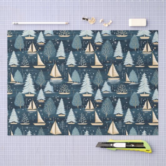 Nautische Kust Kerstmis Zeilboot Weefsel Papier (Craft)