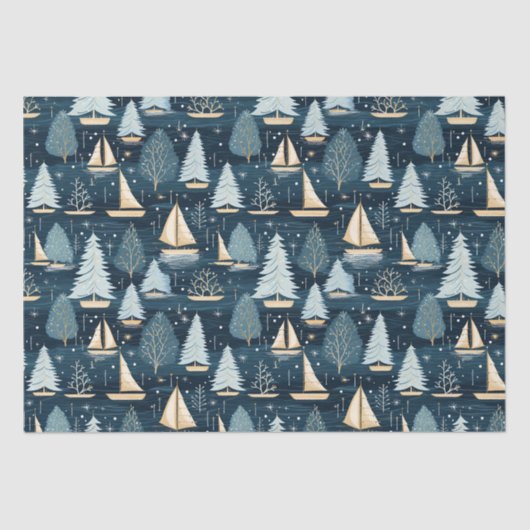 Nautische Kust Kerstmis Zeilboot Weefsel Papier (Voorkant)